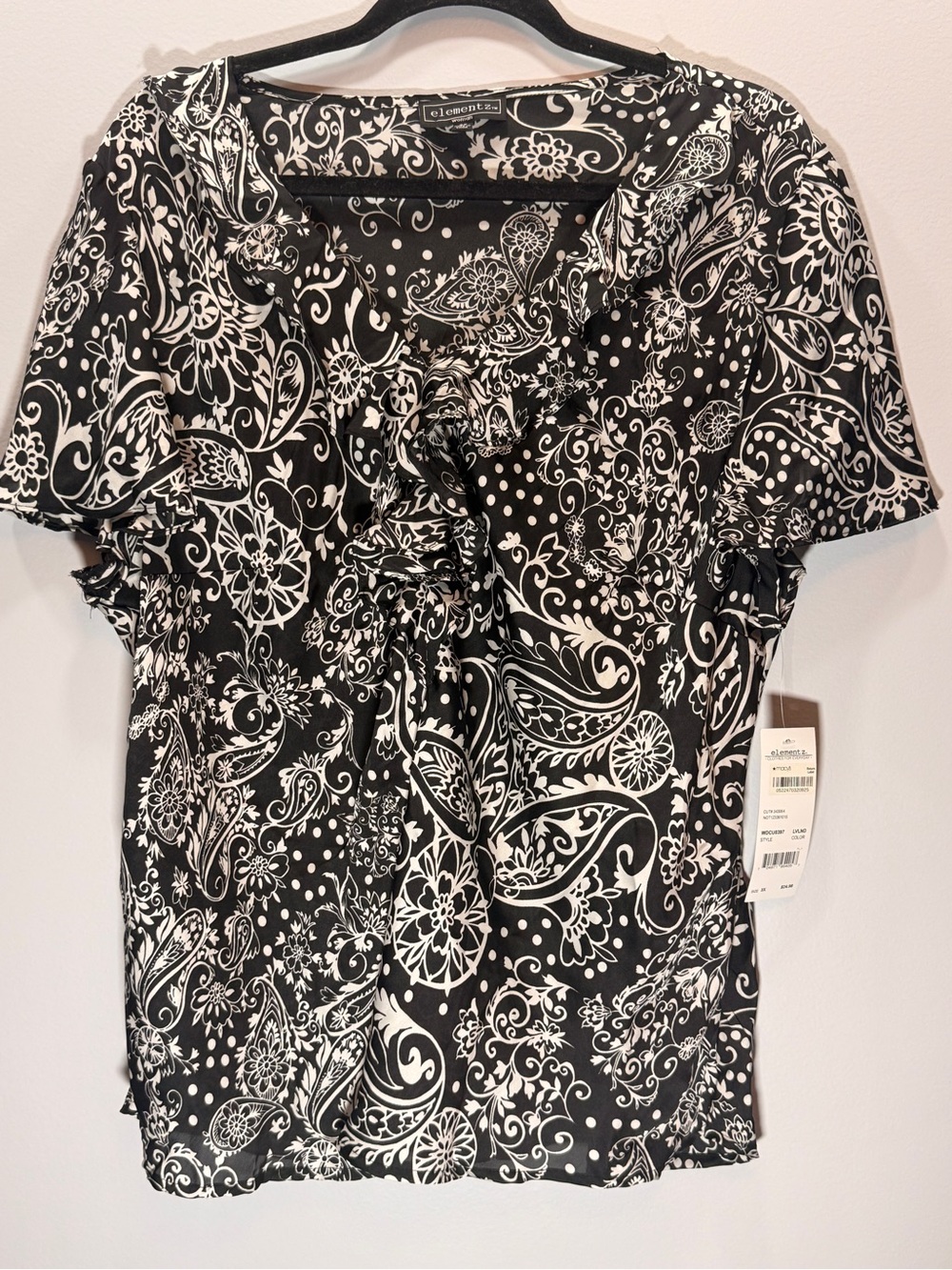 Elementz Black and White Paisley Ruffle V-Neck Blouse